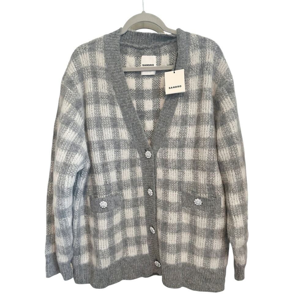Sandro Gray Plaid Wool Cardigan Crystal Buttons Oversized Sweater NWT